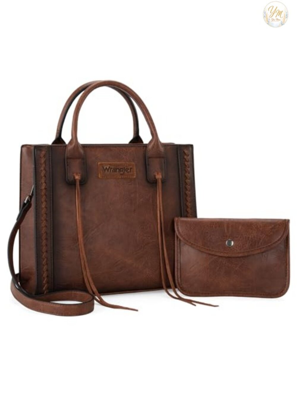 Wrangler Distressed Vegan Leather Tote Satchel with Whipstitch and Tassels